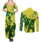 Australia Cricket Couples Matching Summer Maxi Dress and Long Sleeve Button Shirt Golden Southern Cross Stars Halftone Pattern Design