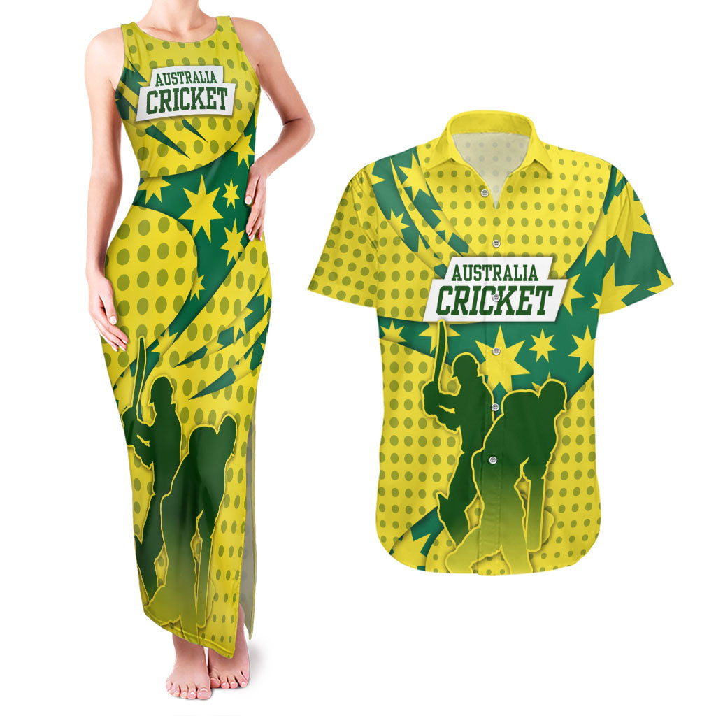 Australia Cricket Couples Matching Tank Maxi Dress and Hawaiian Shirt Golden Southern Cross Stars Halftone Pattern Design