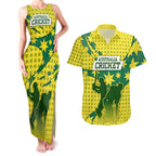 Australia Cricket Couples Matching Tank Maxi Dress and Hawaiian Shirt Golden Southern Cross Stars Halftone Pattern Design