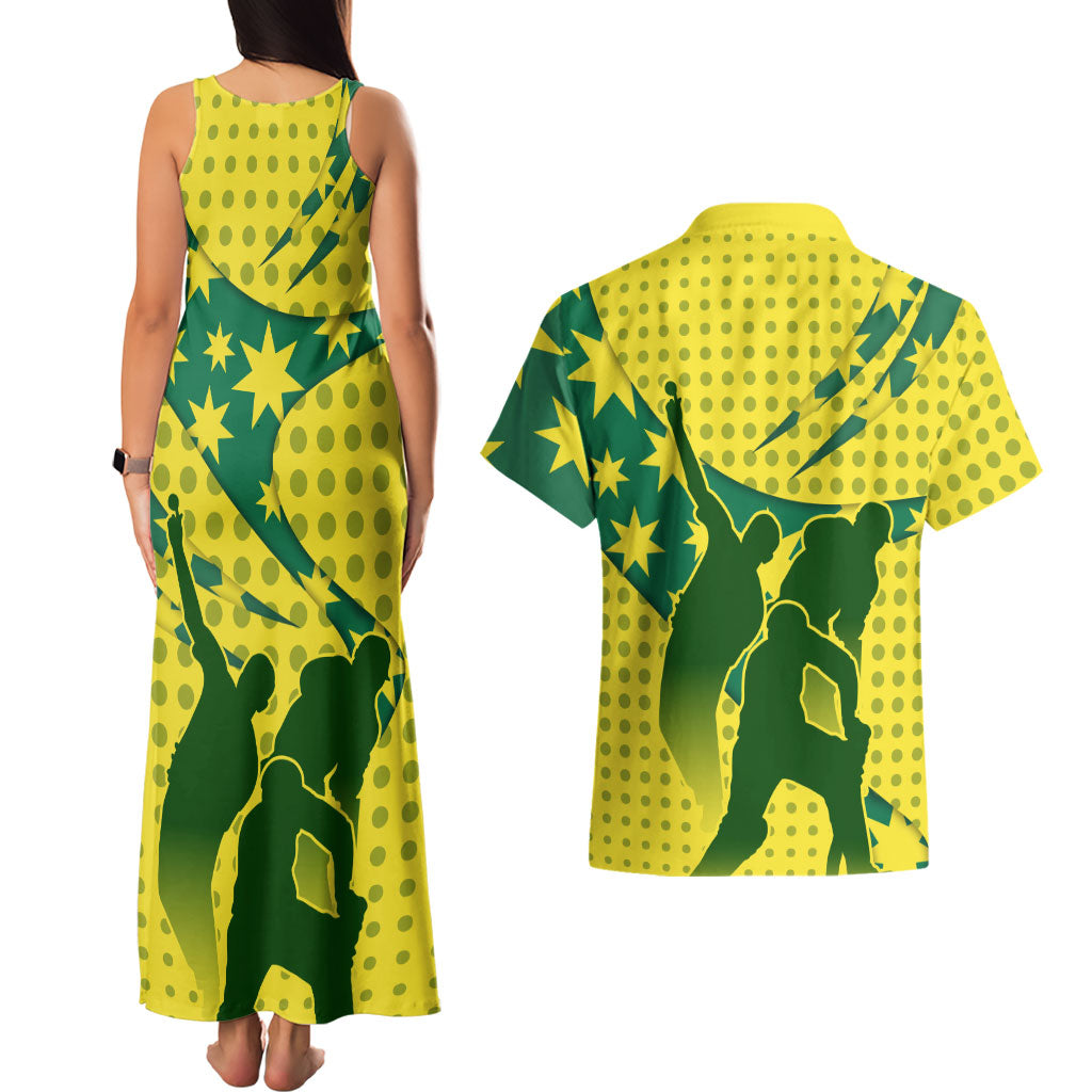 Australia Cricket Couples Matching Tank Maxi Dress and Hawaiian Shirt Golden Southern Cross Stars Halftone Pattern Design