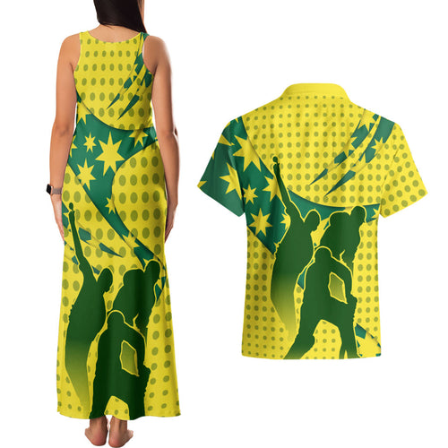 Australia Cricket Couples Matching Tank Maxi Dress and Hawaiian Shirt Golden Southern Cross Stars Halftone Pattern Design