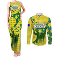 Australia Cricket Couples Matching Tank Maxi Dress and Long Sleeve Button Shirt Golden Southern Cross Stars Halftone Pattern Design