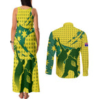 Australia Cricket Couples Matching Tank Maxi Dress and Long Sleeve Button Shirt Golden Southern Cross Stars Halftone Pattern Design