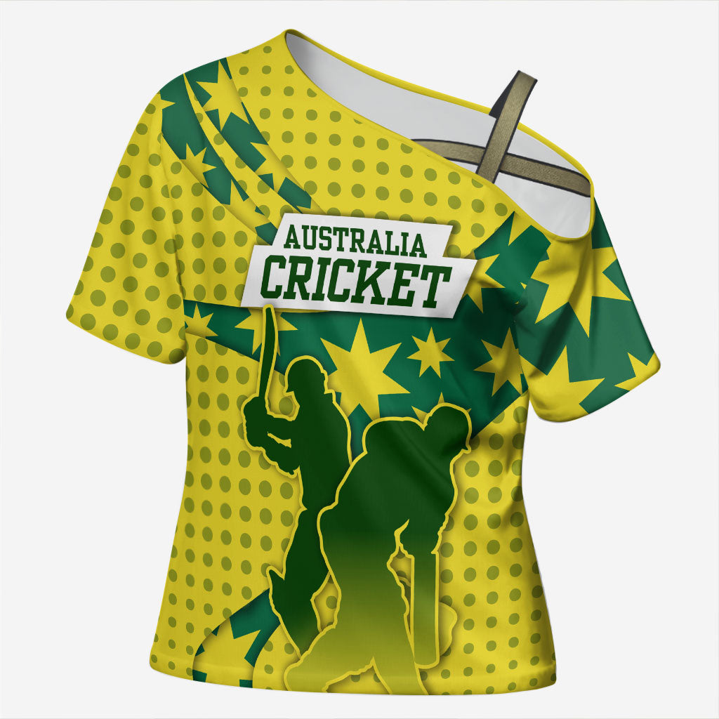 Australia Cricket Cross Shoulder Shirt Golden Southern Cross Stars Halftone Pattern Design
