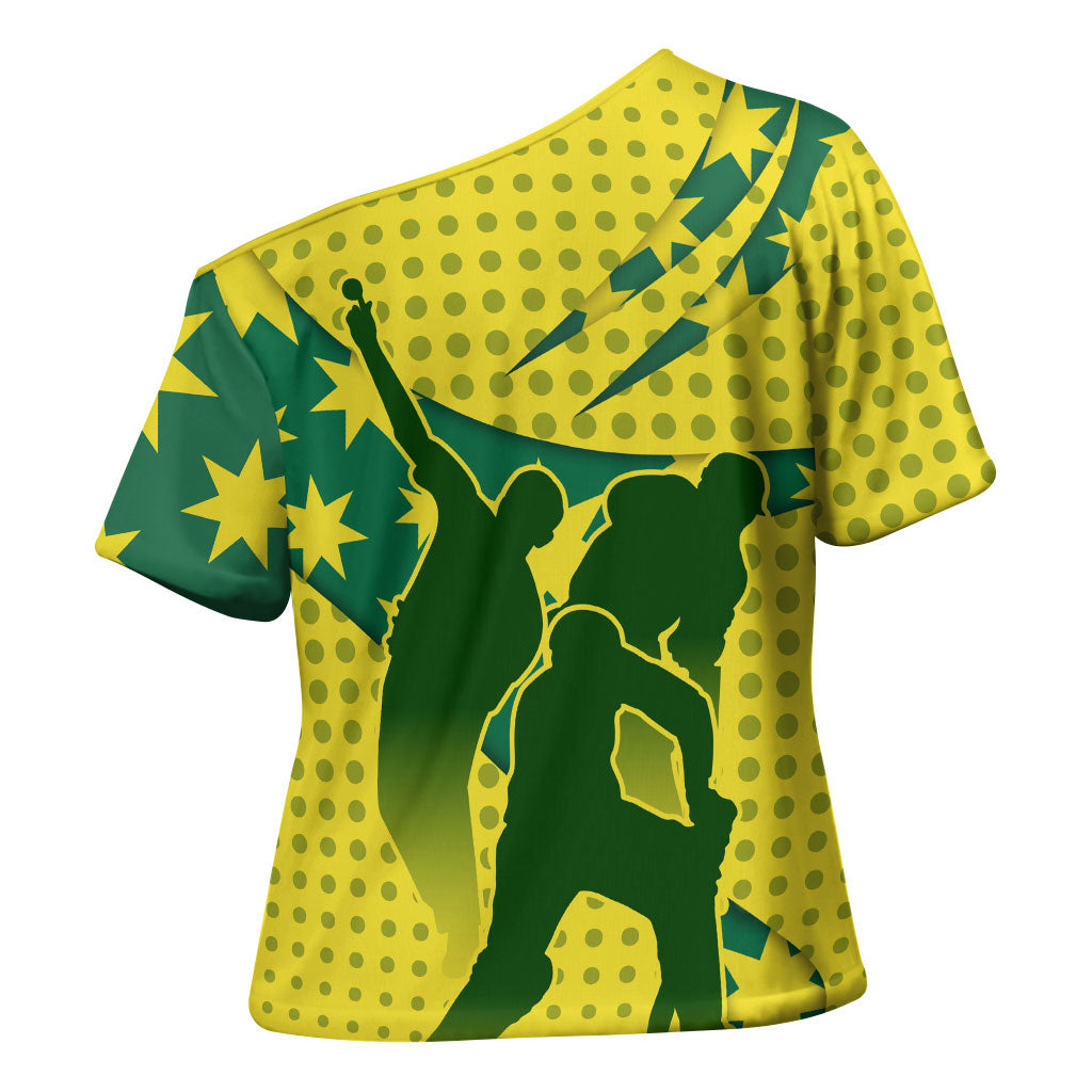 Australia Cricket Cross Shoulder Shirt Golden Southern Cross Stars Halftone Pattern Design