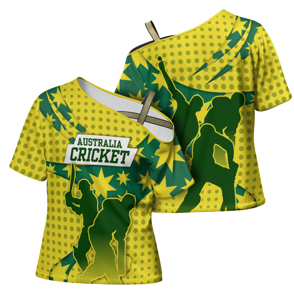 Australia Cricket Cross Shoulder Shirt Golden Southern Cross Stars Halftone Pattern Design