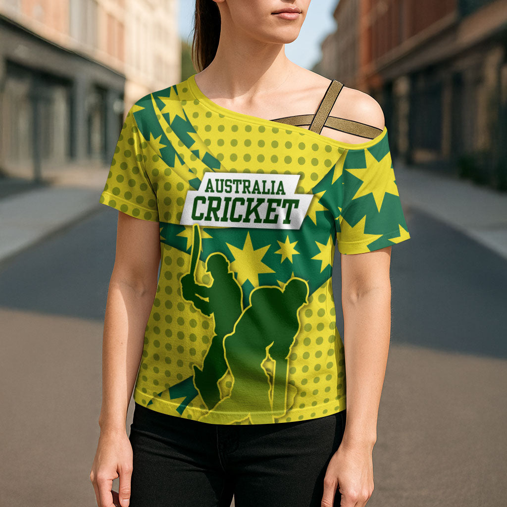 Australia Cricket Cross Shoulder Shirt Golden Southern Cross Stars Halftone Pattern Design