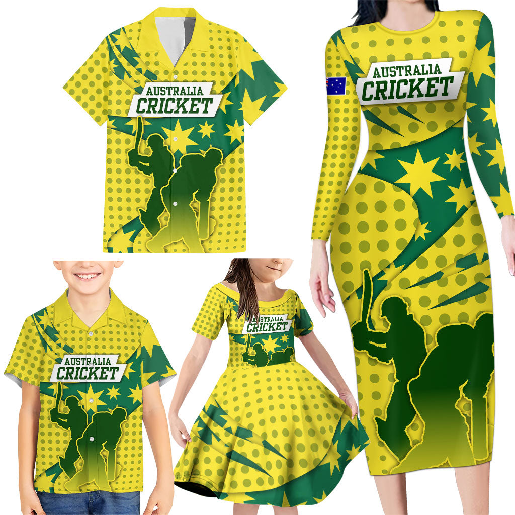 Australia Cricket Family Matching Long Sleeve Bodycon Dress and Hawaiian Shirt Golden Southern Cross Stars Halftone Pattern Design