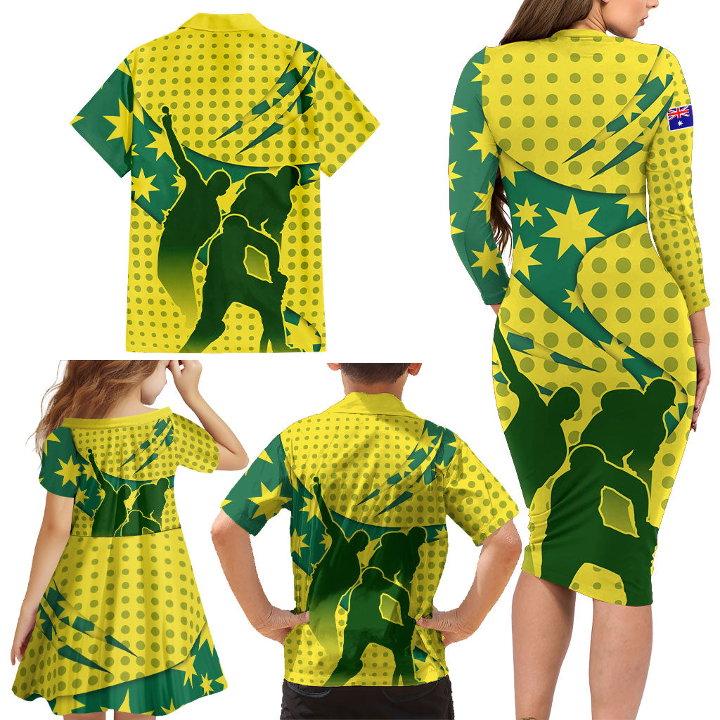 Australia Cricket Family Matching Long Sleeve Bodycon Dress and Hawaiian Shirt Golden Southern Cross Stars Halftone Pattern Design