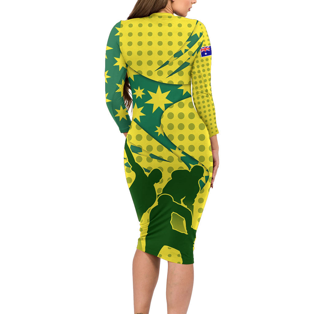 Australia Cricket Family Matching Long Sleeve Bodycon Dress and Hawaiian Shirt Golden Southern Cross Stars Halftone Pattern Design