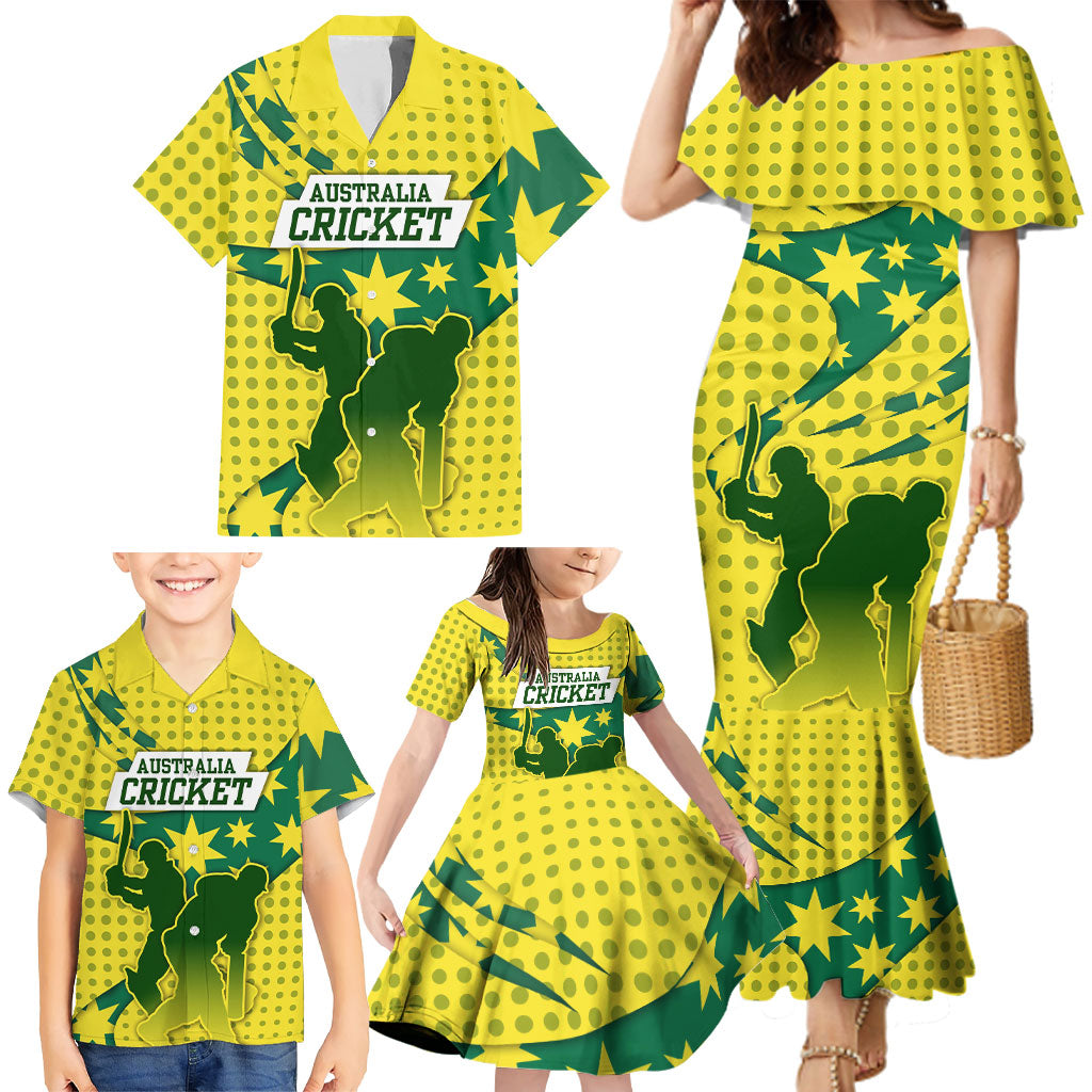 Australia Cricket Family Matching Mermaid Dress and Hawaiian Shirt Golden Southern Cross Stars Halftone Pattern Design