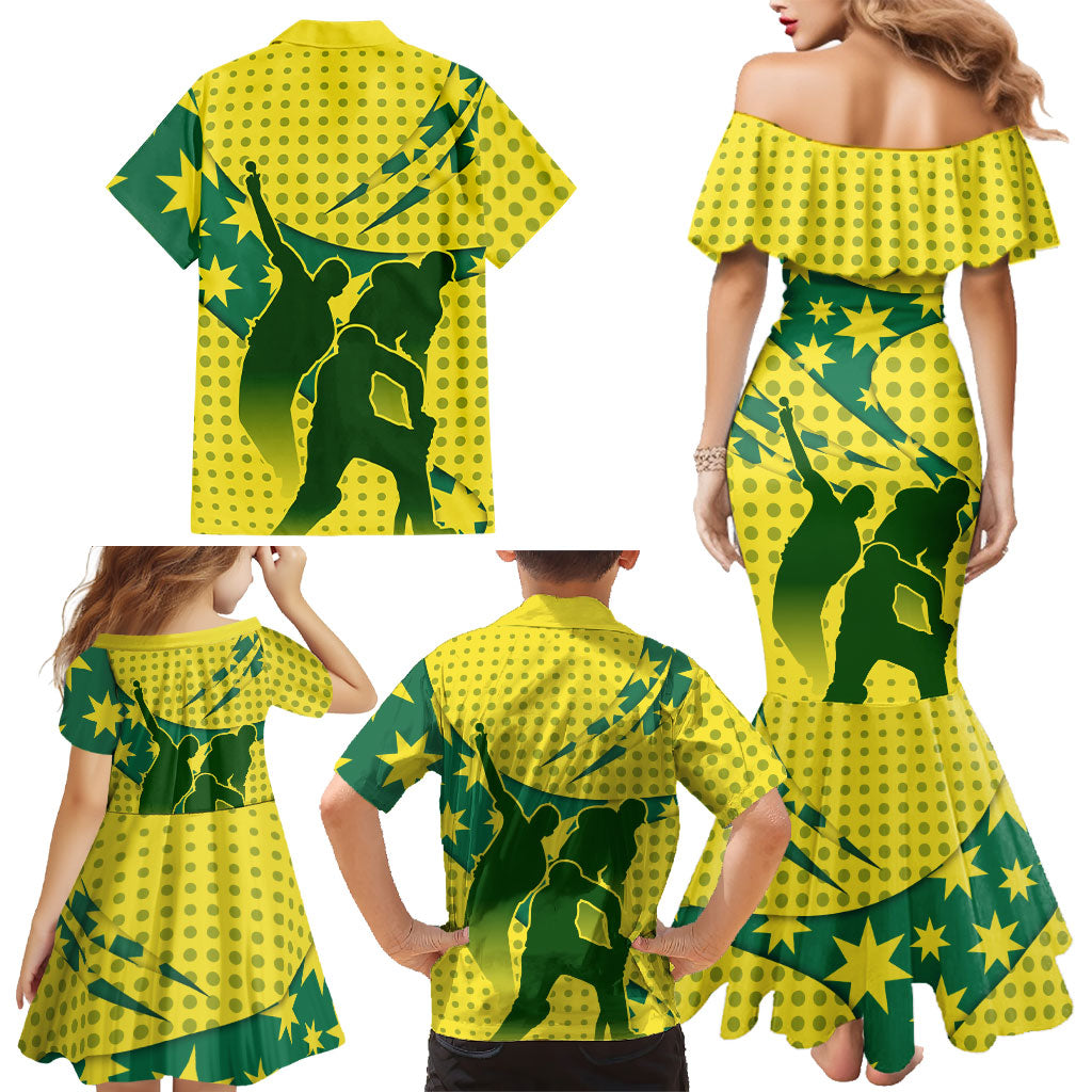 Australia Cricket Family Matching Mermaid Dress and Hawaiian Shirt Golden Southern Cross Stars Halftone Pattern Design