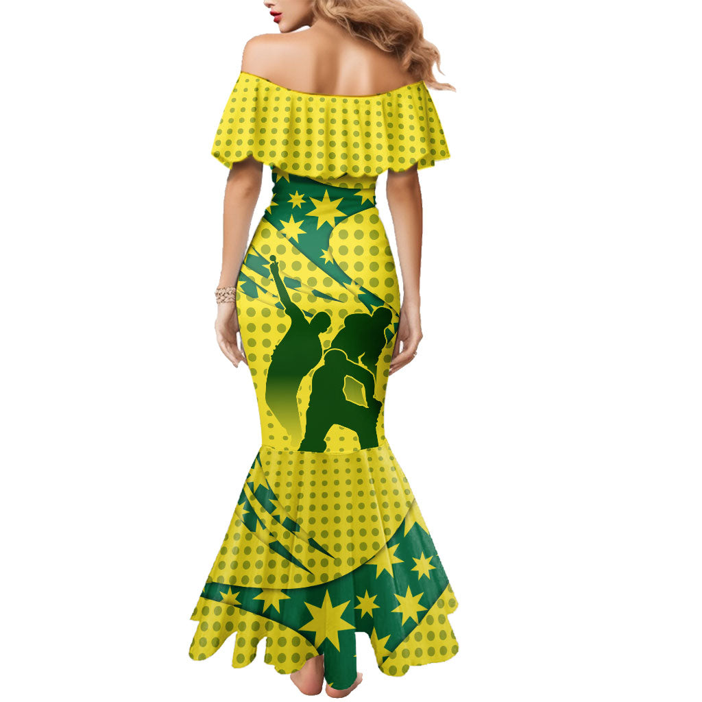 Australia Cricket Family Matching Mermaid Dress and Hawaiian Shirt Golden Southern Cross Stars Halftone Pattern Design