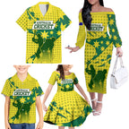 Australia Cricket Family Matching Off The Shoulder Long Sleeve Dress and Hawaiian Shirt Golden Southern Cross Stars Halftone Pattern Design