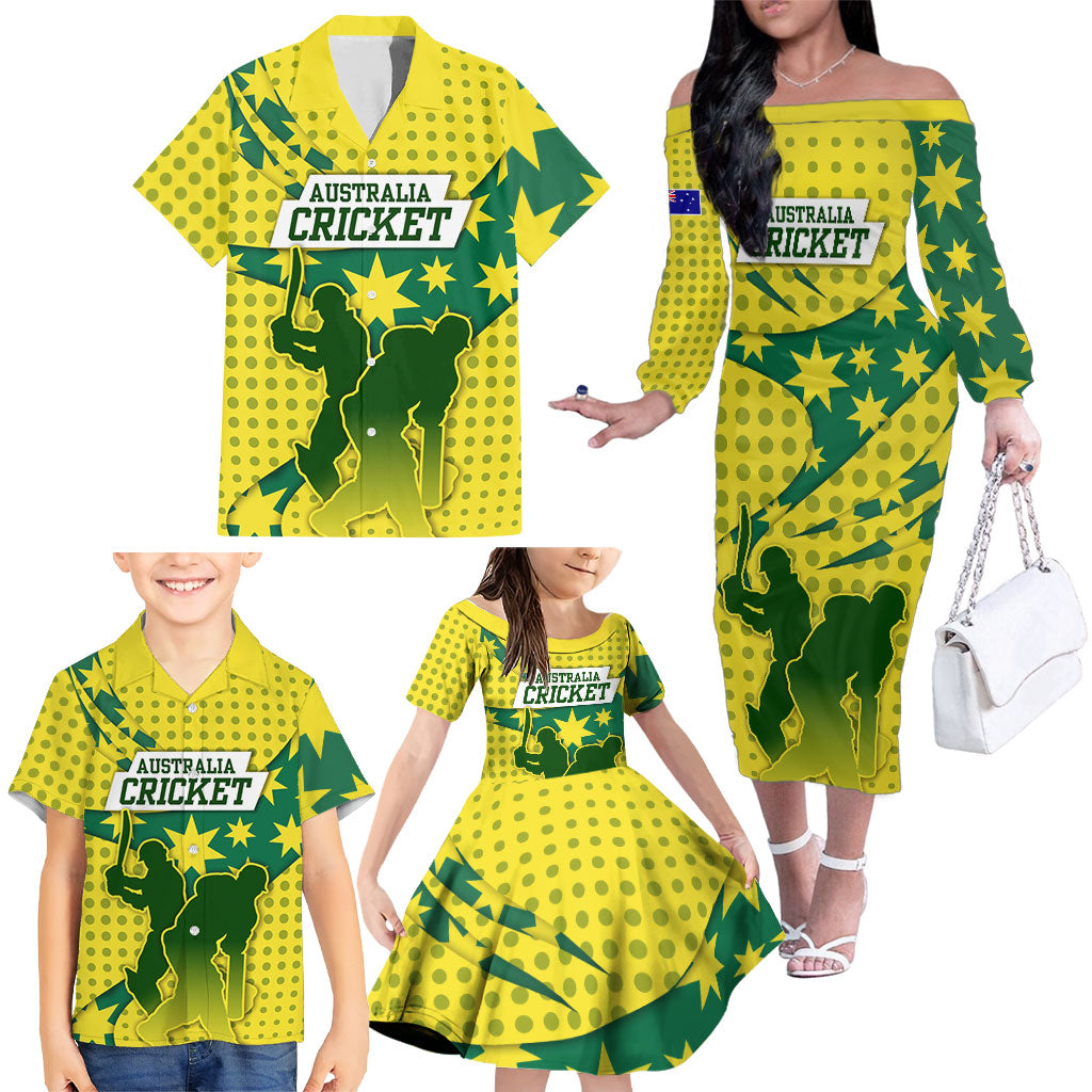 Australia Cricket Family Matching Off The Shoulder Long Sleeve Dress and Hawaiian Shirt Golden Southern Cross Stars Halftone Pattern Design