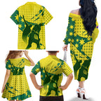 Australia Cricket Family Matching Off The Shoulder Long Sleeve Dress and Hawaiian Shirt Golden Southern Cross Stars Halftone Pattern Design