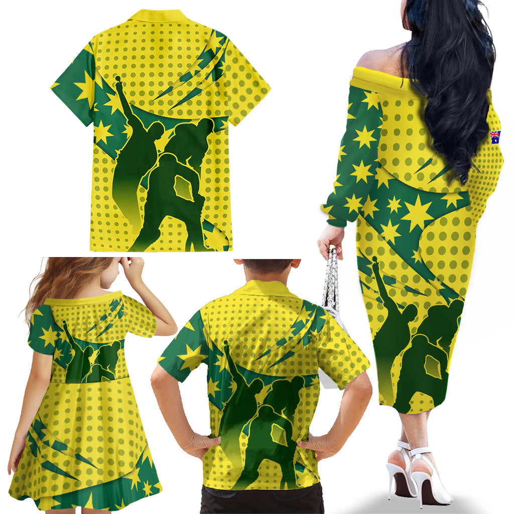 Australia Cricket Family Matching Off The Shoulder Long Sleeve Dress and Hawaiian Shirt Golden Southern Cross Stars Halftone Pattern Design