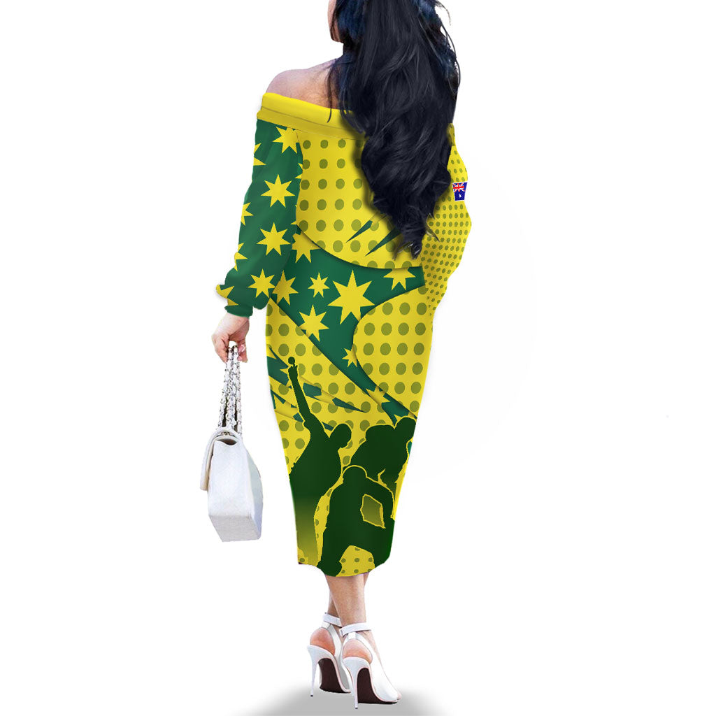 Australia Cricket Family Matching Off The Shoulder Long Sleeve Dress and Hawaiian Shirt Golden Southern Cross Stars Halftone Pattern Design