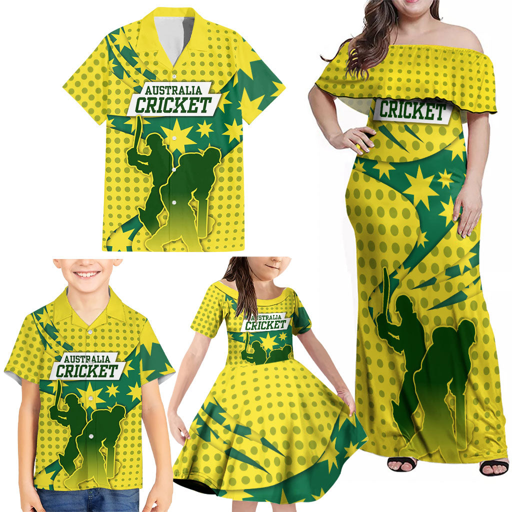 Australia Cricket Family Matching Off Shoulder Maxi Dress and Hawaiian Shirt Golden Southern Cross Stars Halftone Pattern Design