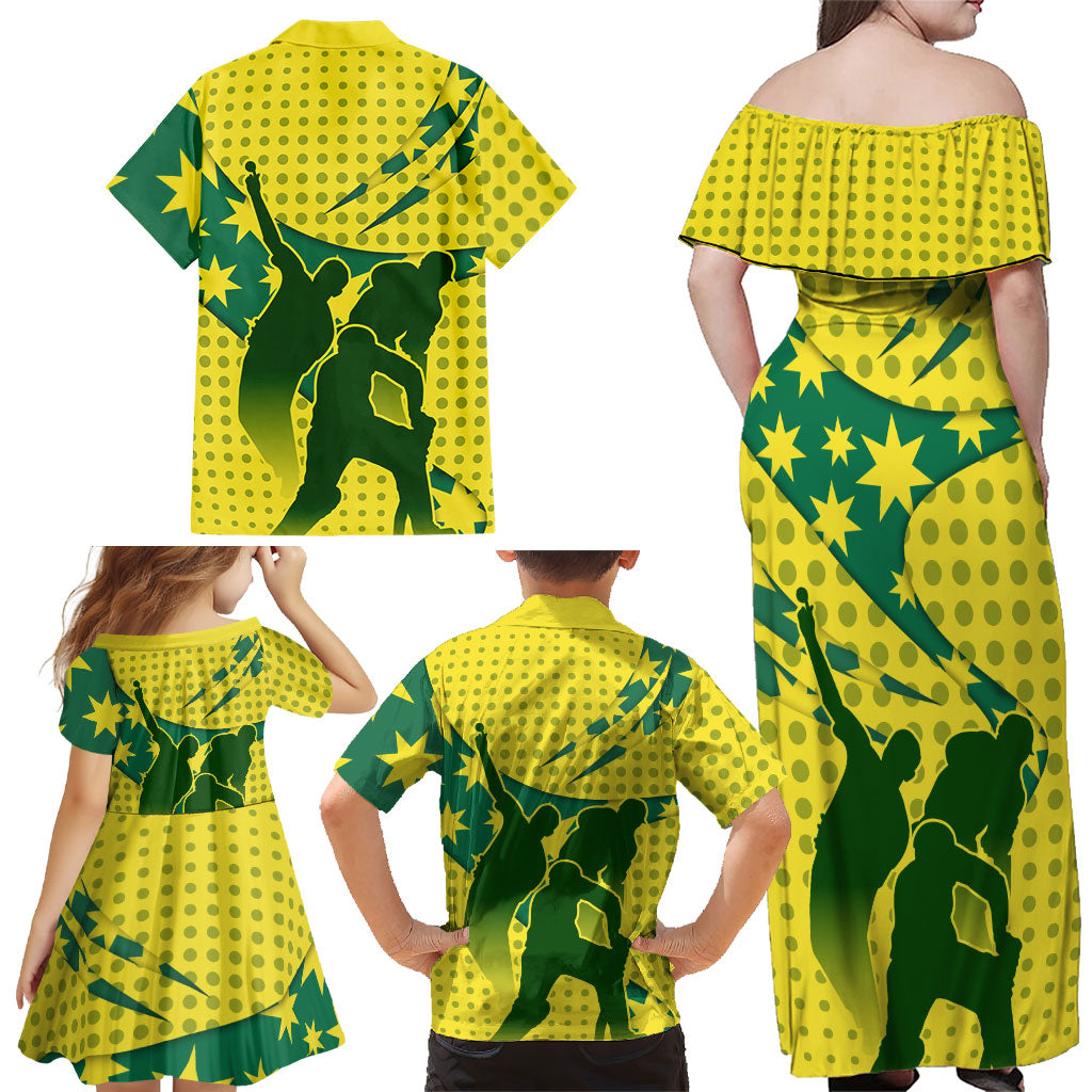 Australia Cricket Family Matching Off Shoulder Maxi Dress and Hawaiian Shirt Golden Southern Cross Stars Halftone Pattern Design