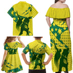 Australia Cricket Family Matching Off Shoulder Maxi Dress and Hawaiian Shirt Golden Southern Cross Stars Halftone Pattern Design