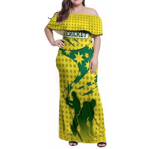 Australia Cricket Family Matching Off Shoulder Maxi Dress and Hawaiian Shirt Golden Southern Cross Stars Halftone Pattern Design