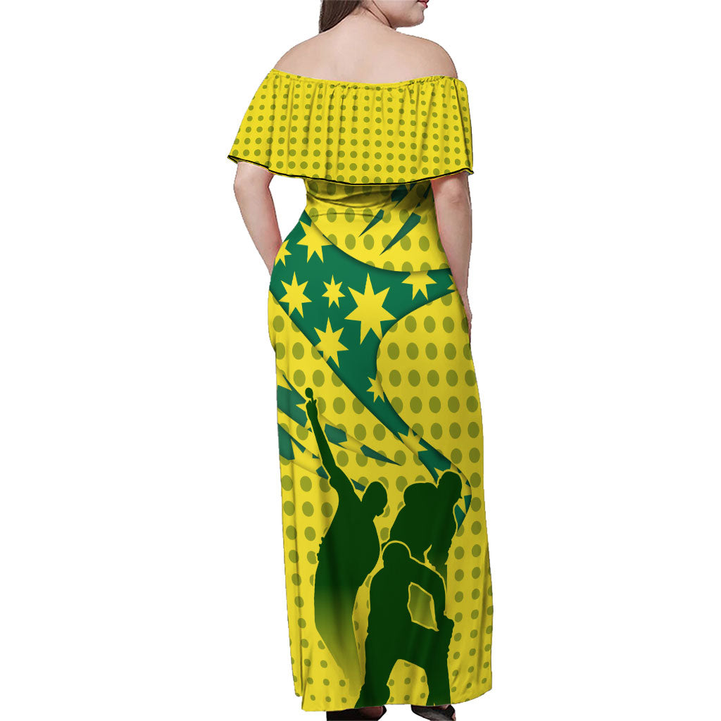 Australia Cricket Family Matching Off Shoulder Maxi Dress and Hawaiian Shirt Golden Southern Cross Stars Halftone Pattern Design