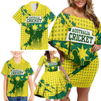 Australia Cricket Family Matching Off Shoulder Short Dress and Hawaiian Shirt Golden Southern Cross Stars Halftone Pattern Design