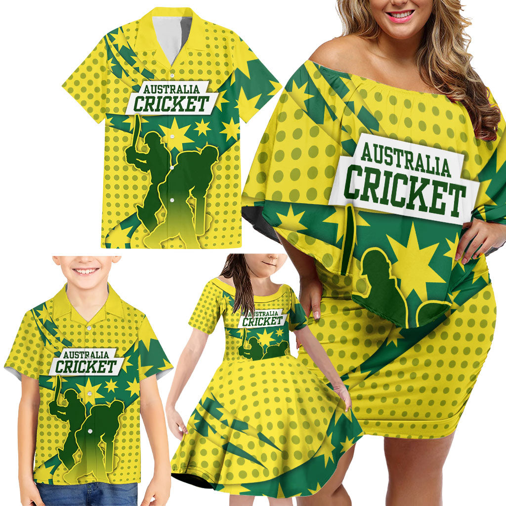 Australia Cricket Family Matching Off Shoulder Short Dress and Hawaiian Shirt Golden Southern Cross Stars Halftone Pattern Design