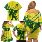 Australia Cricket Family Matching Off Shoulder Short Dress and Hawaiian Shirt Golden Southern Cross Stars Halftone Pattern Design