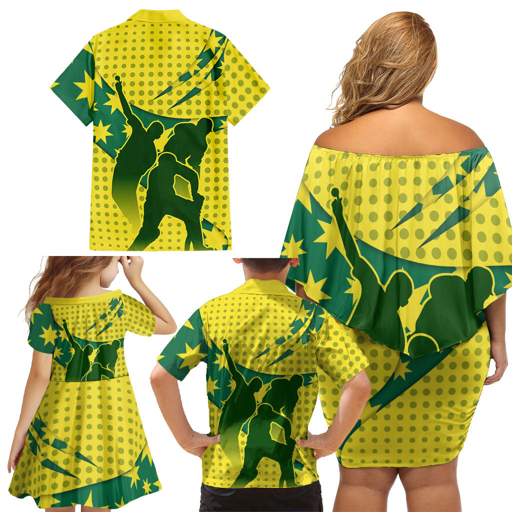 Australia Cricket Family Matching Off Shoulder Short Dress and Hawaiian Shirt Golden Southern Cross Stars Halftone Pattern Design