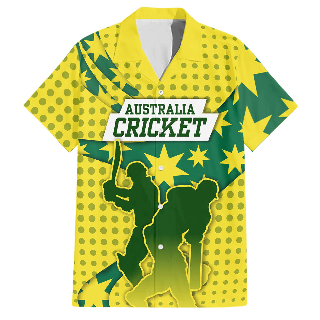 Australia Cricket Family Matching Off Shoulder Short Dress and Hawaiian Shirt Golden Southern Cross Stars Halftone Pattern Design