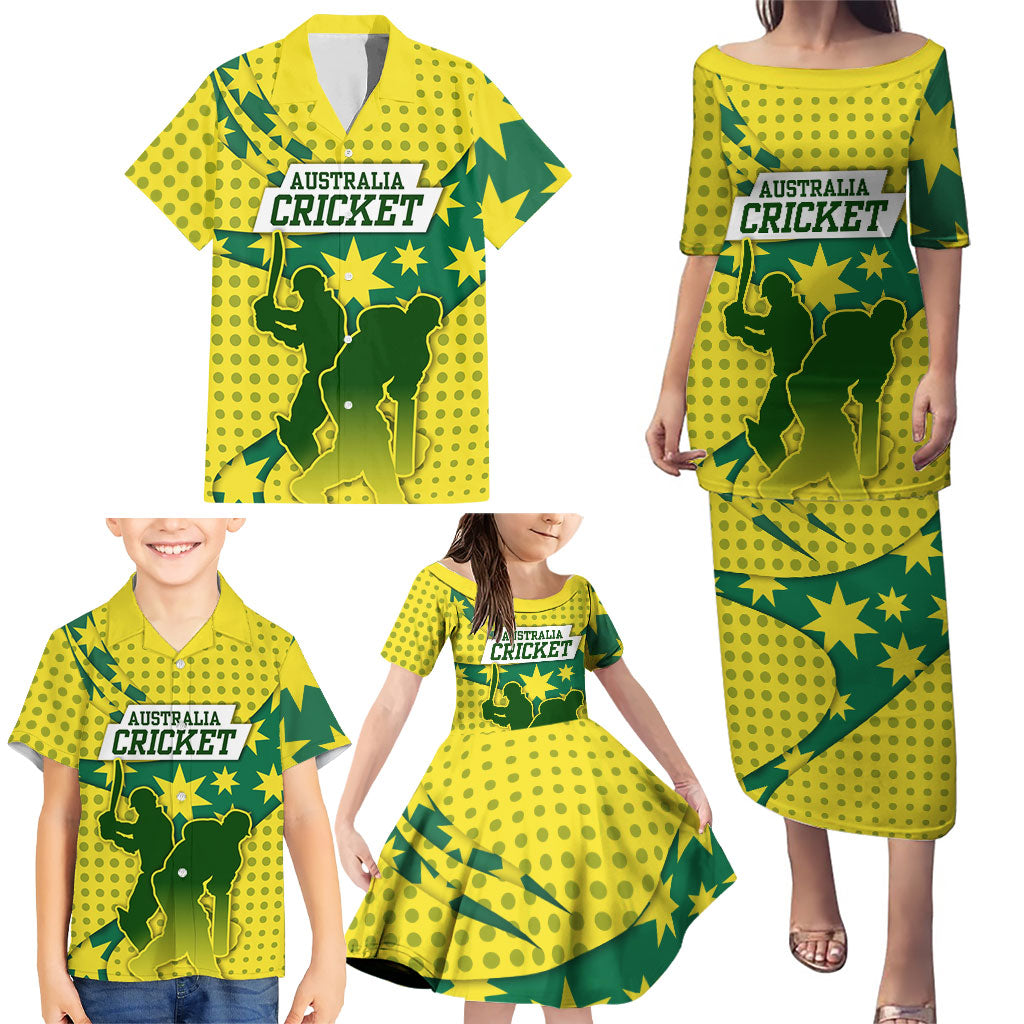 Australia Cricket Family Matching Puletasi and Hawaiian Shirt Golden Southern Cross Stars Halftone Pattern Design