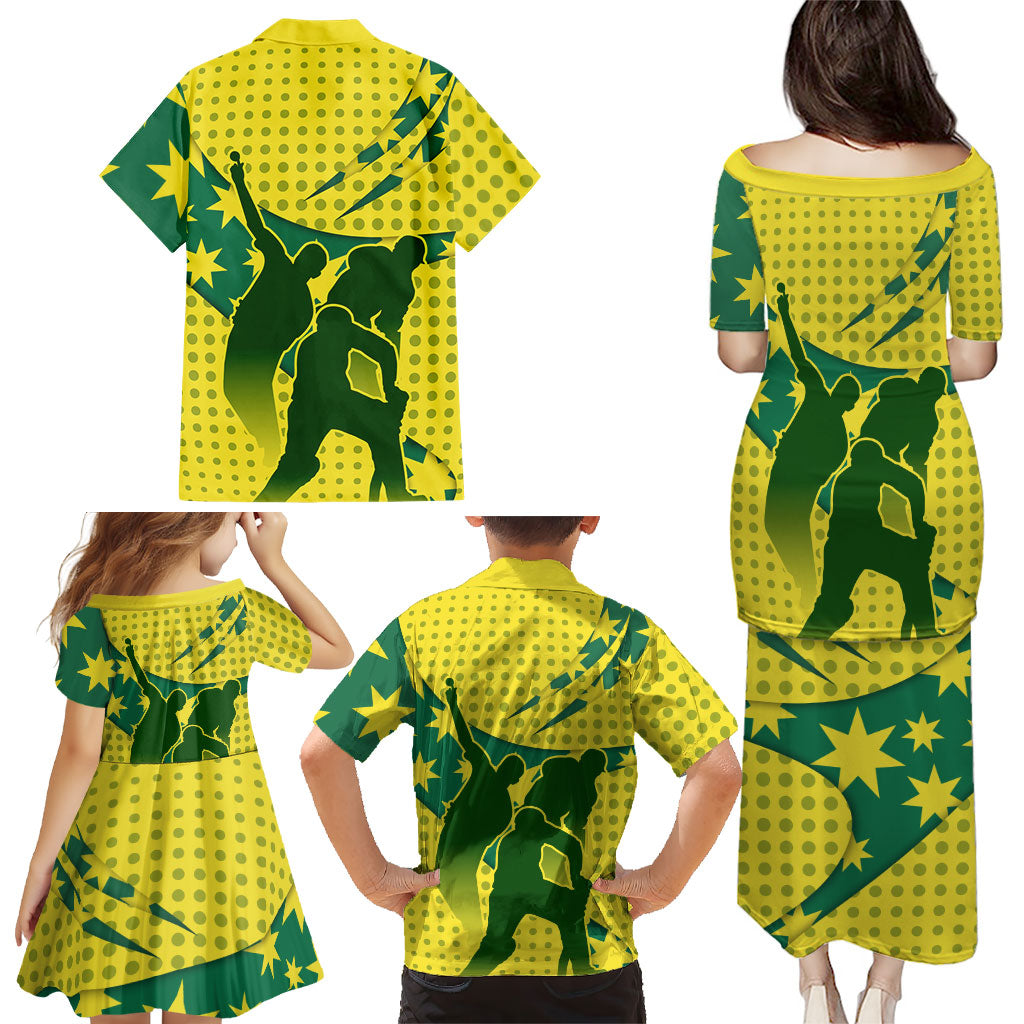 Australia Cricket Family Matching Puletasi and Hawaiian Shirt Golden Southern Cross Stars Halftone Pattern Design