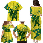 Australia Cricket Family Matching Puletasi and Hawaiian Shirt Golden Southern Cross Stars Halftone Pattern Design