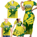 Australia Cricket Family Matching Short Sleeve Bodycon Dress and Hawaiian Shirt Golden Southern Cross Stars Halftone Pattern Design