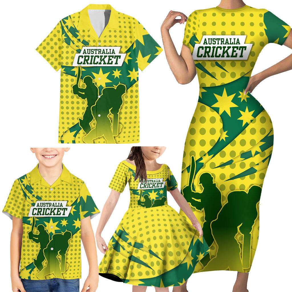 Australia Cricket Family Matching Short Sleeve Bodycon Dress and Hawaiian Shirt Golden Southern Cross Stars Halftone Pattern Design