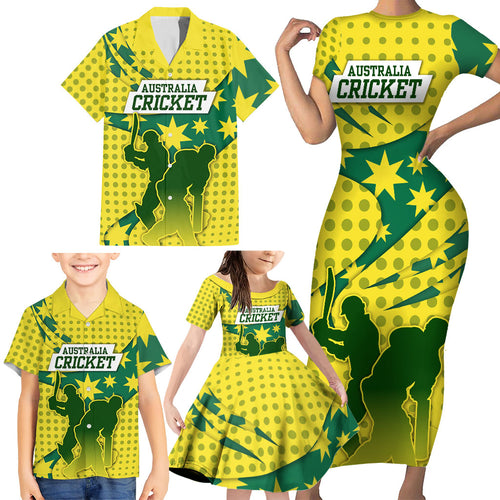 Australia Cricket Family Matching Short Sleeve Bodycon Dress and Hawaiian Shirt Golden Southern Cross Stars Halftone Pattern Design