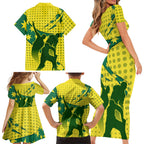Australia Cricket Family Matching Short Sleeve Bodycon Dress and Hawaiian Shirt Golden Southern Cross Stars Halftone Pattern Design
