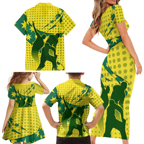 Australia Cricket Family Matching Short Sleeve Bodycon Dress and Hawaiian Shirt Golden Southern Cross Stars Halftone Pattern Design