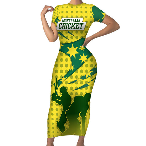 Australia Cricket Family Matching Short Sleeve Bodycon Dress and Hawaiian Shirt Golden Southern Cross Stars Halftone Pattern Design