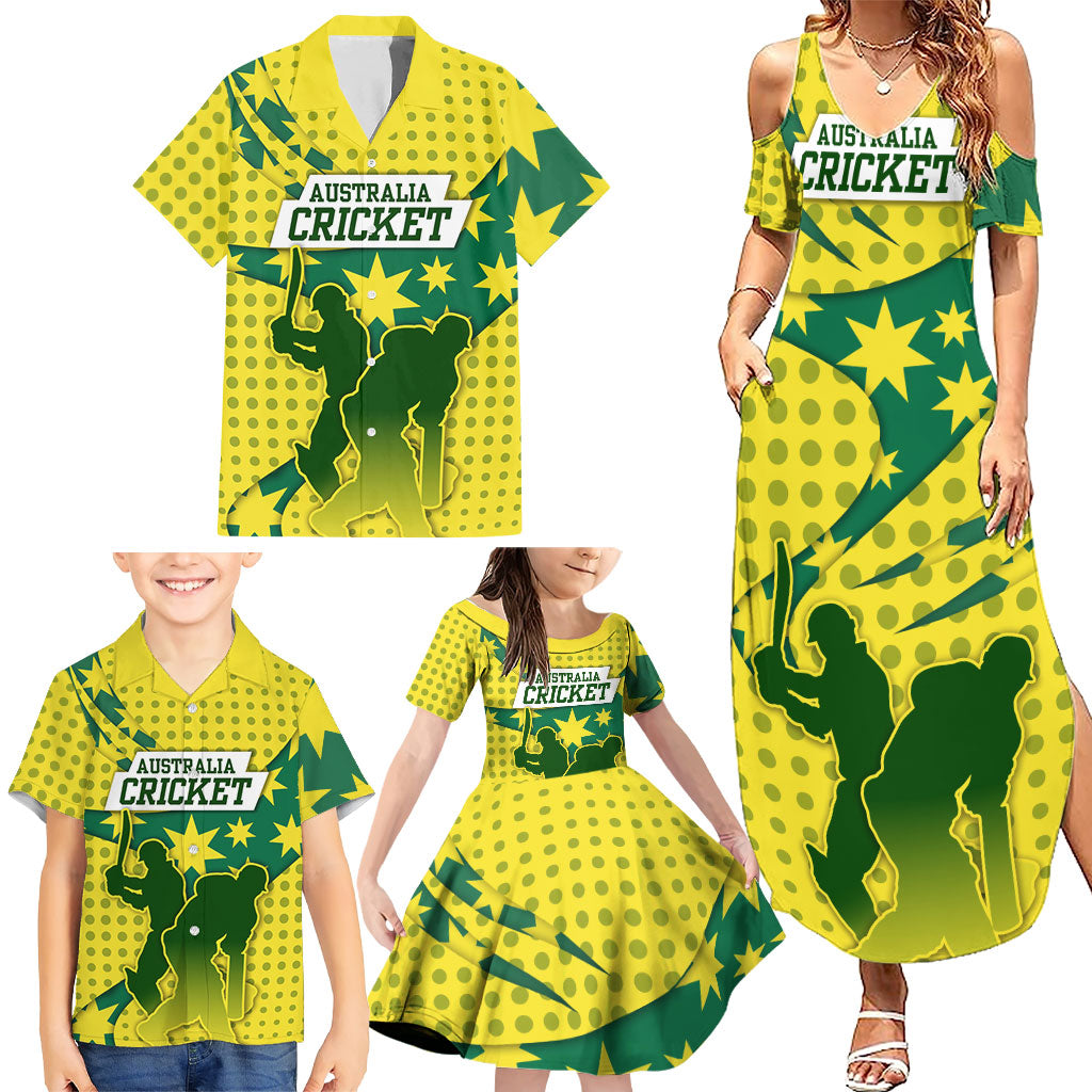 Australia Cricket Family Matching Summer Maxi Dress and Hawaiian Shirt Golden Southern Cross Stars Halftone Pattern Design