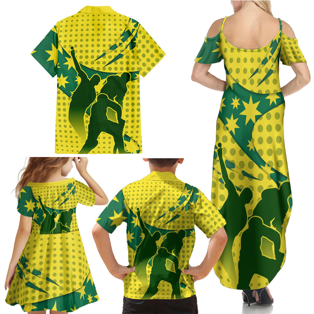 Australia Cricket Family Matching Summer Maxi Dress and Hawaiian Shirt Golden Southern Cross Stars Halftone Pattern Design