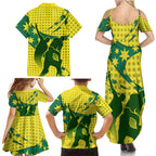 Australia Cricket Family Matching Summer Maxi Dress and Hawaiian Shirt Golden Southern Cross Stars Halftone Pattern Design