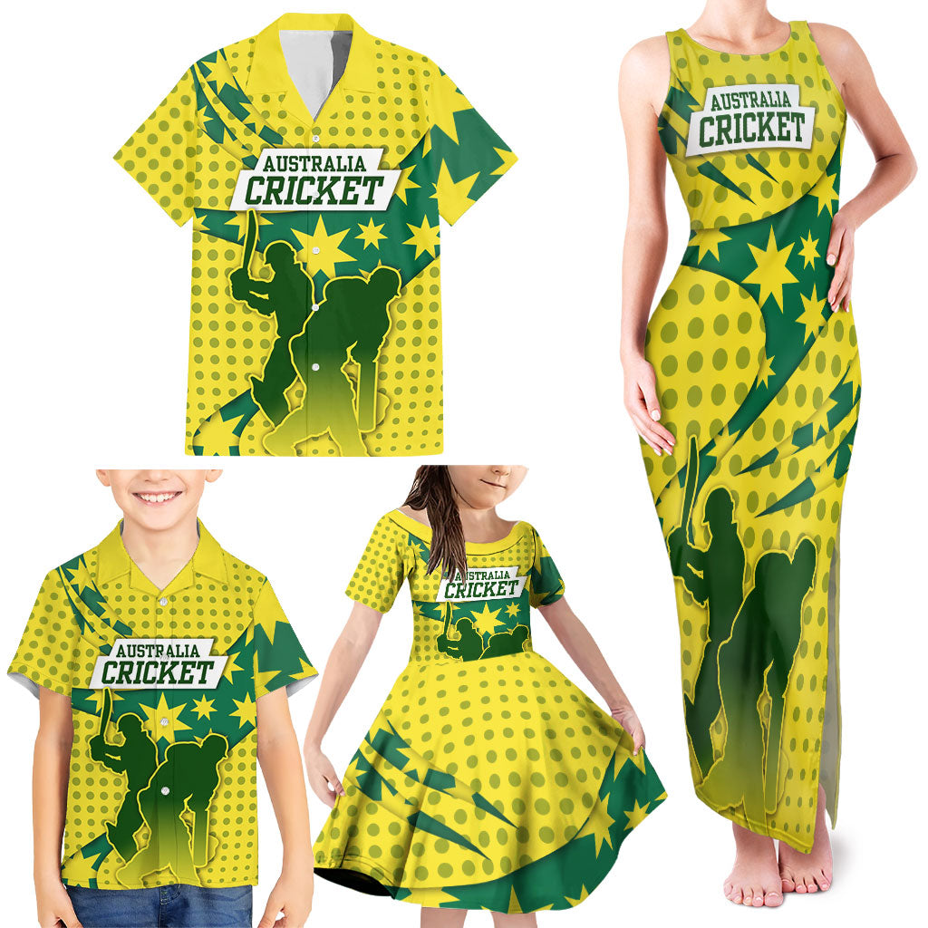 Australia Cricket Family Matching Tank Maxi Dress and Hawaiian Shirt Golden Southern Cross Stars Halftone Pattern Design