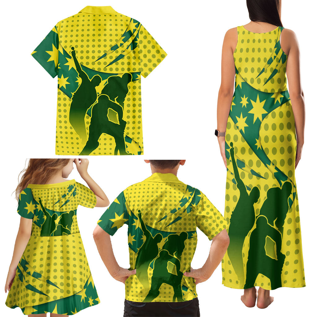 Australia Cricket Family Matching Tank Maxi Dress and Hawaiian Shirt Golden Southern Cross Stars Halftone Pattern Design
