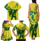Australia Cricket Family Matching Tank Maxi Dress and Hawaiian Shirt Golden Southern Cross Stars Halftone Pattern Design
