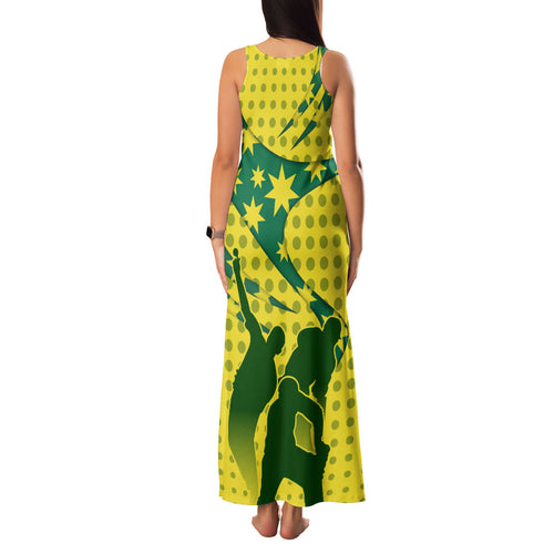 Australia Cricket Family Matching Tank Maxi Dress and Hawaiian Shirt Golden Southern Cross Stars Halftone Pattern Design
