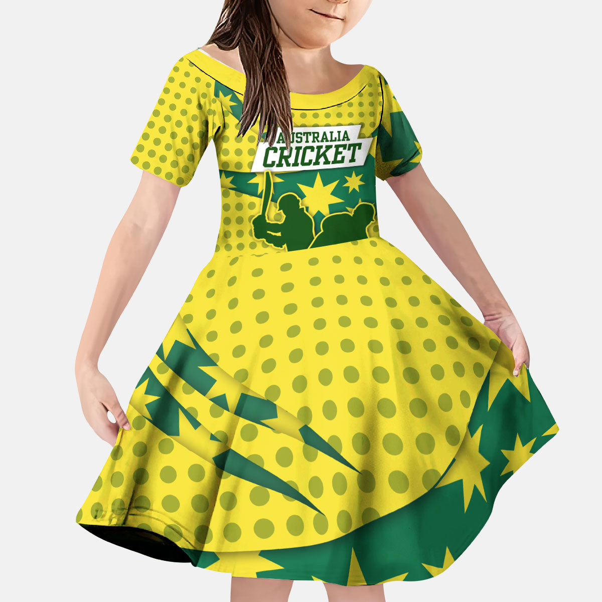 Australia Cricket Kid Short Sleeve Dress Golden Southern Cross Stars Halftone Pattern Design