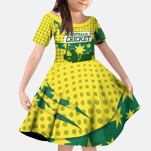 Australia Cricket Kid Short Sleeve Dress Golden Southern Cross Stars Halftone Pattern Design